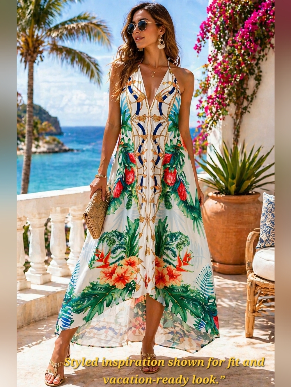 TROPICAL Halter MAXI DRESS Hem Scarf Print Resort Vacation Boho WOMEN'S Size M L
